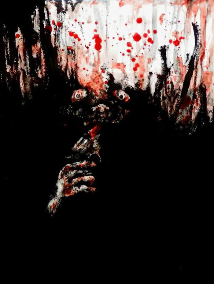  Autors: matilde Mākslinieks attēlo briesmoņus no saviem murgiem, izmantojot pats SAVAS asinis!