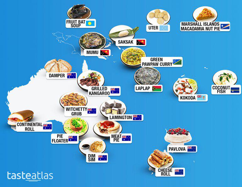 Okeānijas tipiskāko ēdienu... Autors: Moltres Dažādu valstu populārākie ēdieni apvienoti ģeogrāfijas kartēs