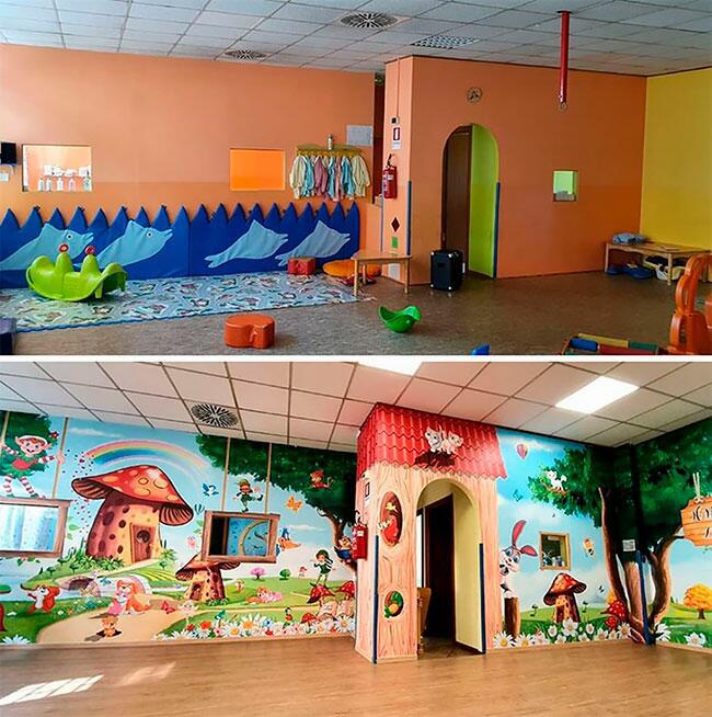 Mākslinieks meistarīgi krāsoja... Autors: Fosilija Itāļu mākslinieks rotā bērnu slimnīcu sienas, pārvēršot tās pasakainās gleznās
